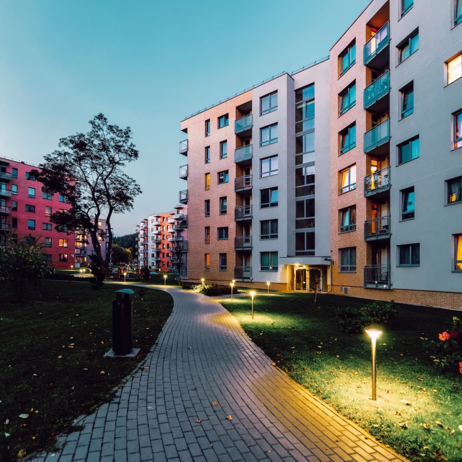 wide pathways beside the building